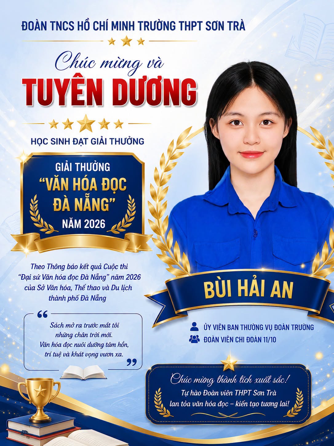 🌟 CHÚC MỪNG HỌC SINH BÙI HẢI AN ĐẠT GIẢI THƯỞNG “VĂN HÓA ĐỌC ĐÀ NẴNG” NĂM 2026 📚🏆